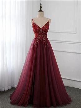 Picture of Wine Red Color Long Tulle V-neckline Beaded Junior Formal Dresses, Dark Red Color Party Dresses